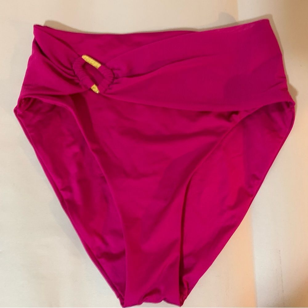 Trina Turk Hot Pink High Waist Bikini Bottom with Gold Accent